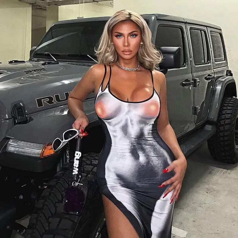 Deep V High Slit Casual Fashion Body Printed Sling Dress