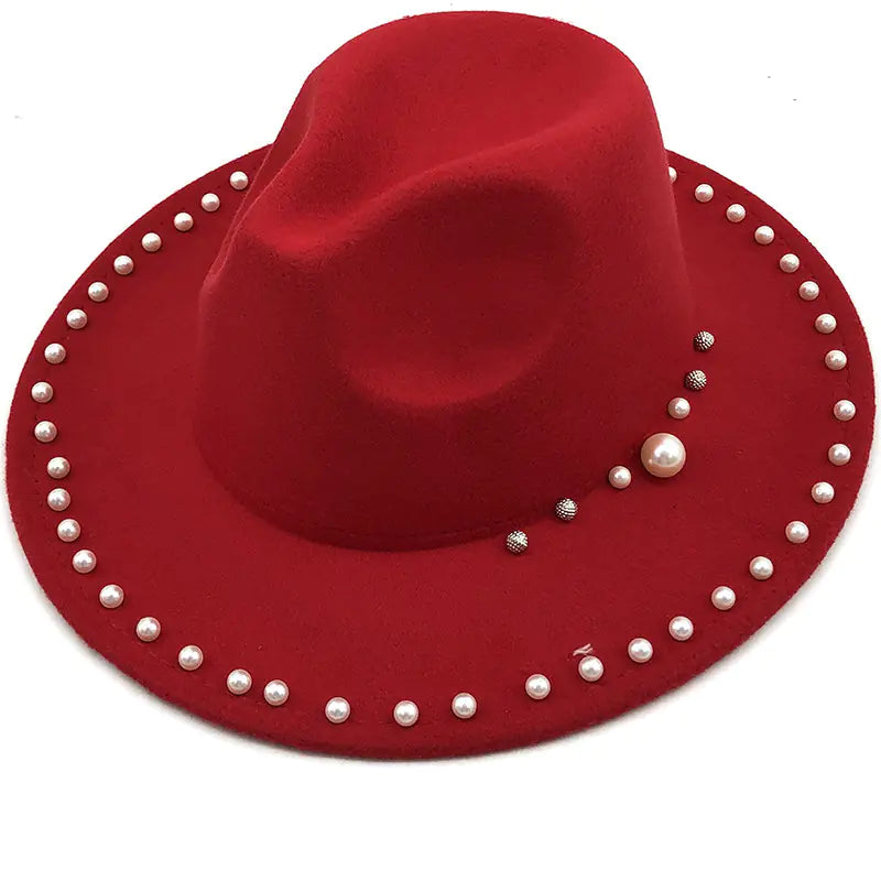 Pearl Wool Wide Brim Jazz Hat for Women