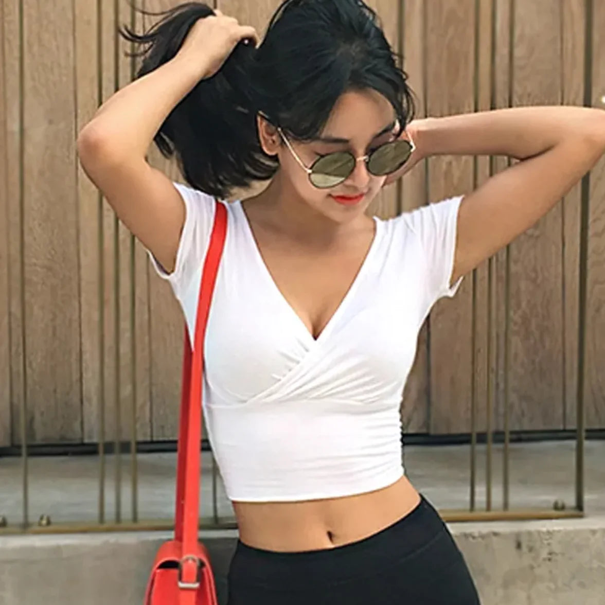 V-Neck Cotton Crop Top with Shirring Details