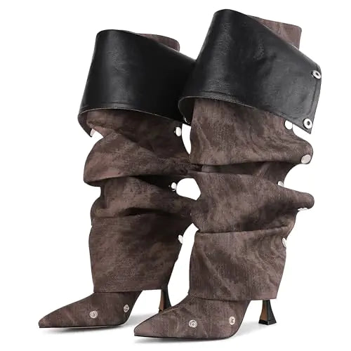 Applique Denim Stiletto Knee High Boots