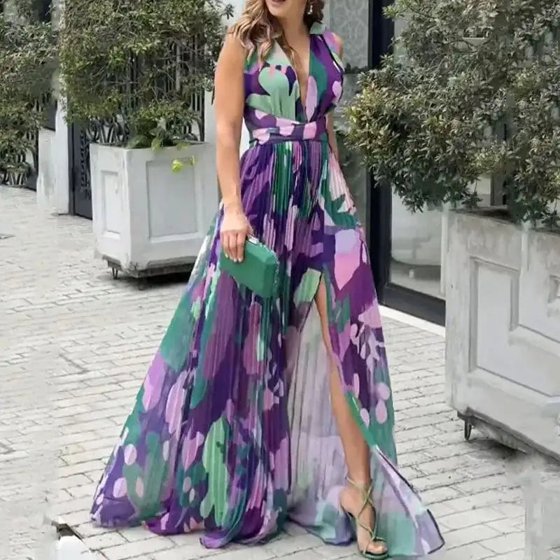Elegant Women's Sleeveless V-Neck Split Dress