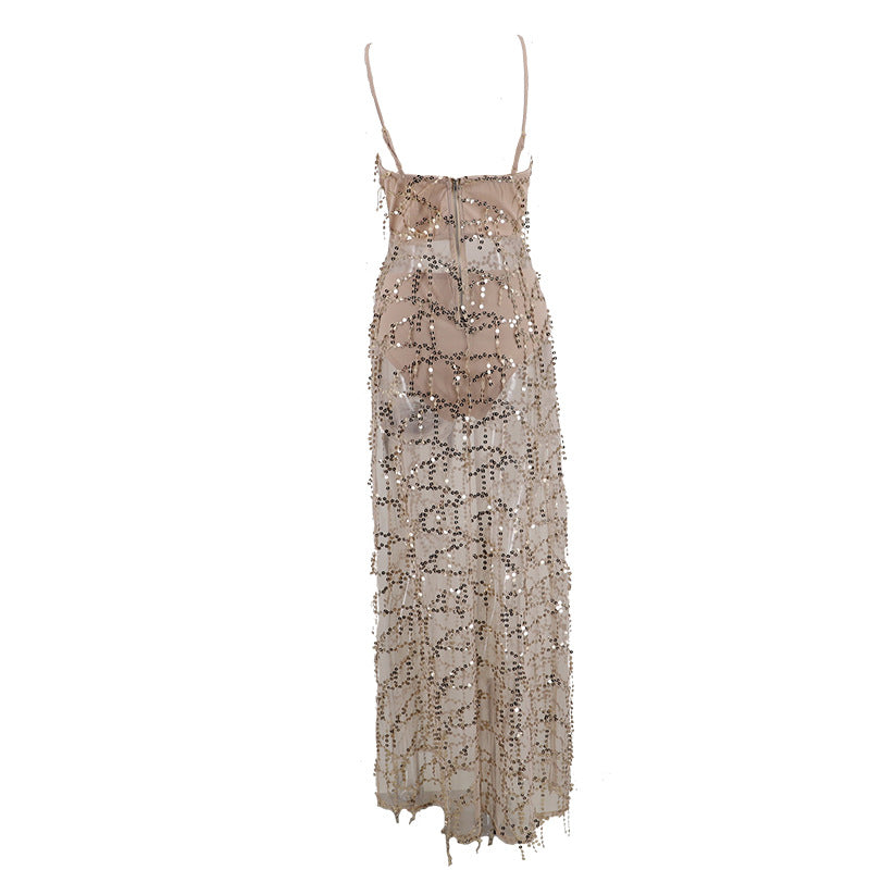 Sequin Strap Deep V-Neck Maxi Dress