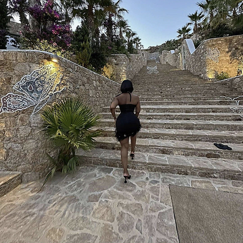 Purple Halter Rhinestone Feather Bandage Glamour