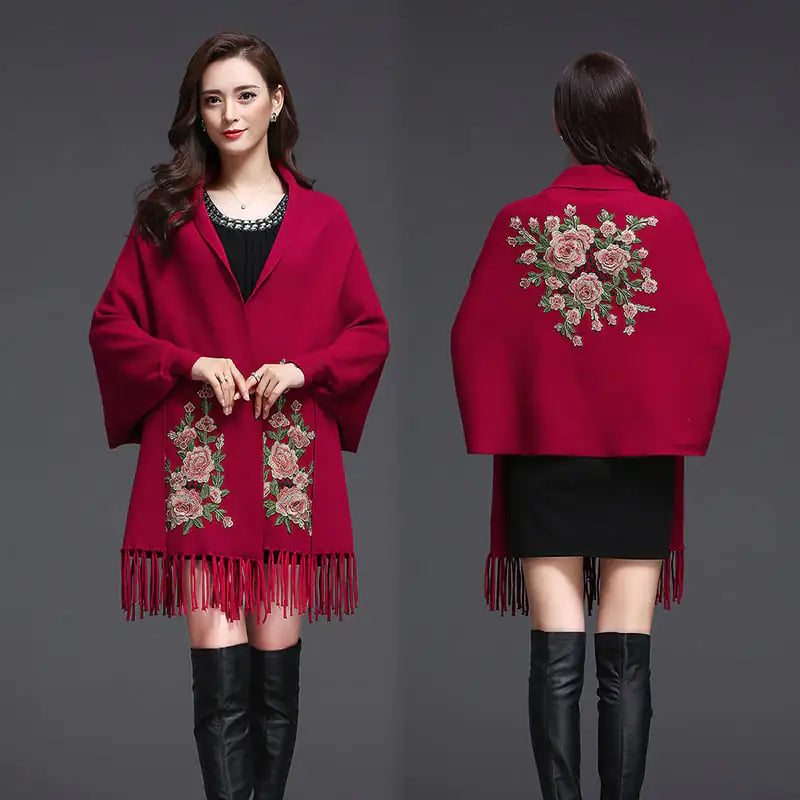 Embroidered Women's Shawl Cape Thick Sweater Coat