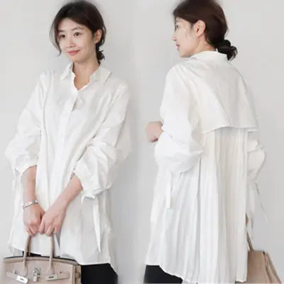 Pleated Back Collar Long Sleeve White Shirt