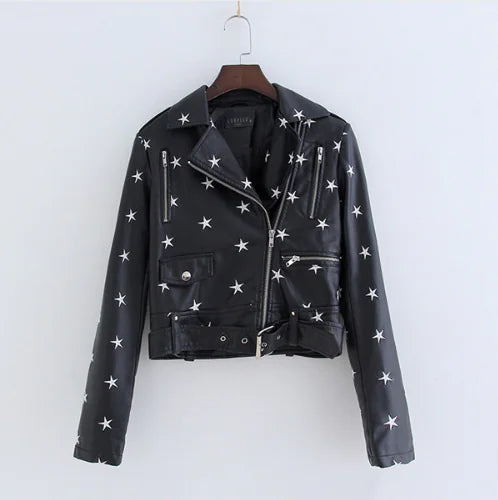 Star Embroidered Women's PU Leather Jacket (Short)