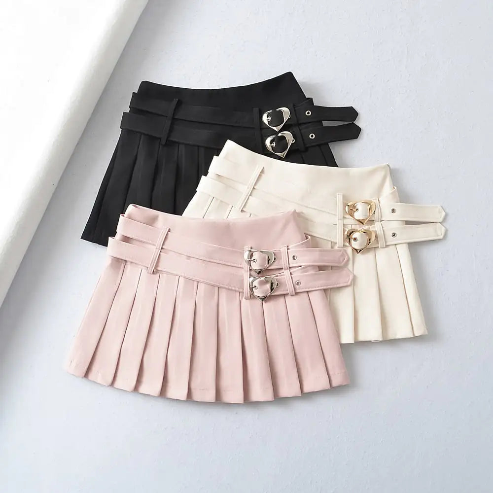 College Style Double Waist Heart Buckle Skirt