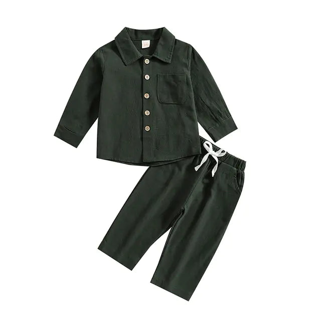 Boys' Cotton Linen Standing Collar Casual Outfit Set