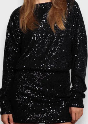 Women's Round Neck Sequin Dress with Hip Skirt