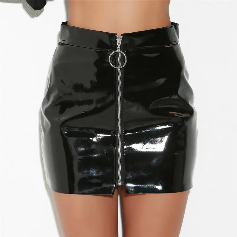 High-Quality Bright Leather PU Slim Skirt with Zipper