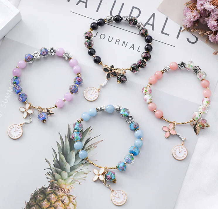 Vintage Floral Crystal Bracelet with Leaf Design