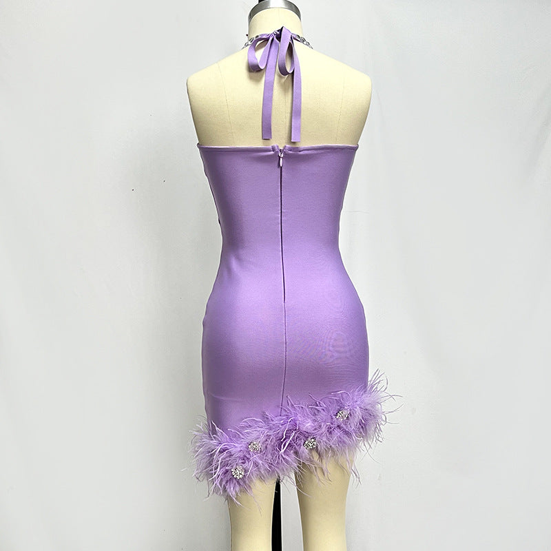 Purple Halter Rhinestone Feather Bandage Glamour