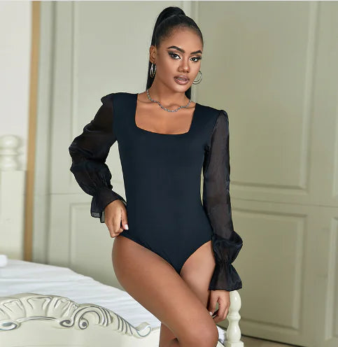 Mesh Spliced Long Sleeve Crop Top for Women