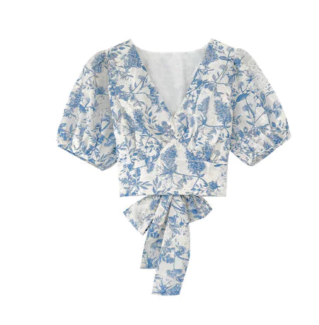 Floral Tie-Front Chiffon Shirt with Lantern Sleeves
