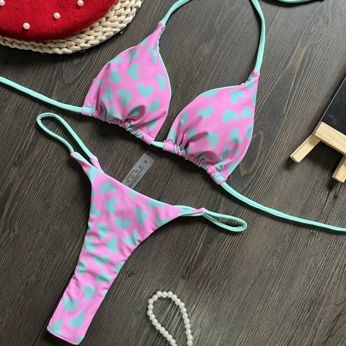Heart Print Backless Bikini Swimsuit