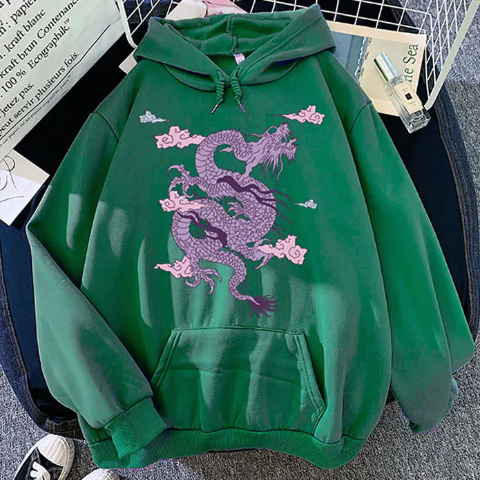 Candy Color Hooded Sweatshirt with Dragon Cloud Print