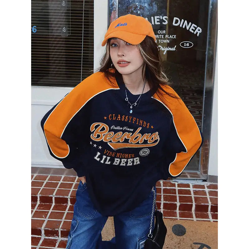 American Retro Color Block Stitching Sweater for Women