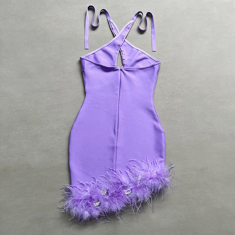 Purple Halter Rhinestone Feather Bandage Glamour