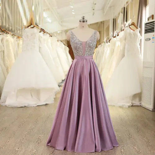Handmade Deep V-Neck Evening Dress for Parties