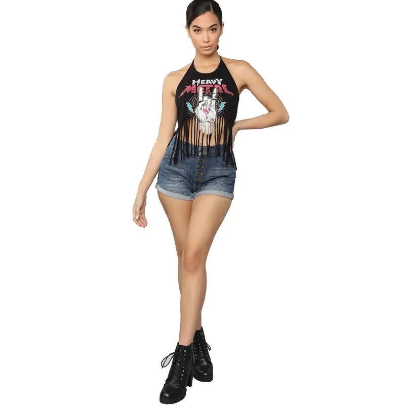 Backless Fringe Print Halter Top - Summer 2019 Trend