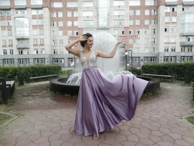 Handmade Deep V-Neck Evening Dress for Parties