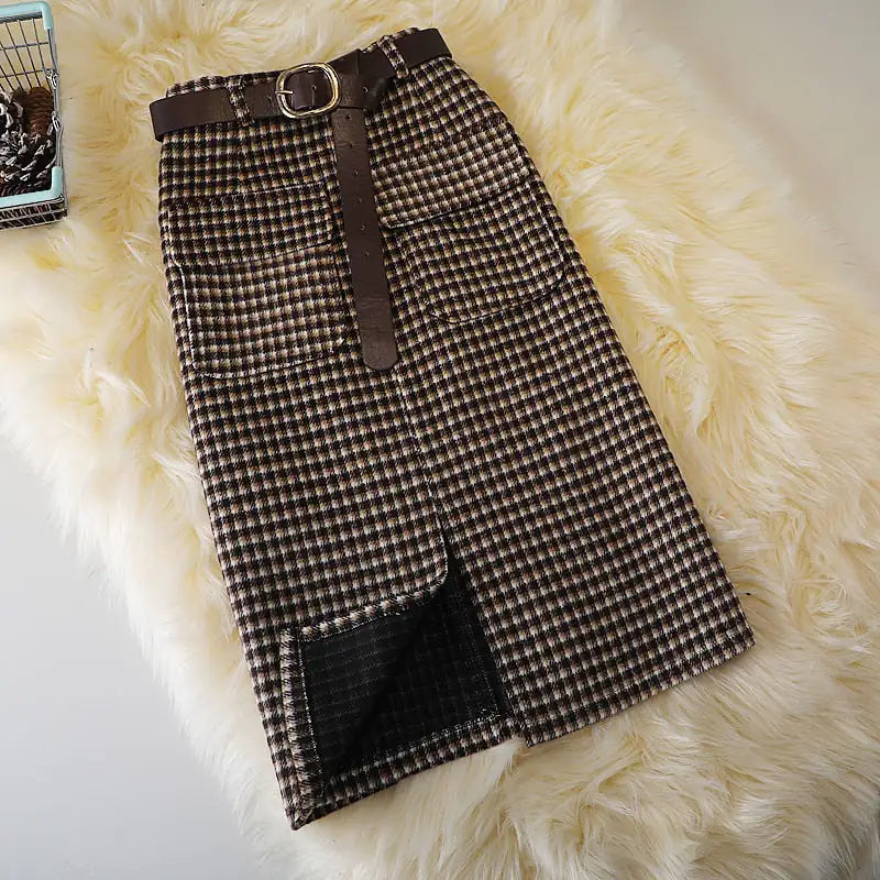 High Waist Slim Plaid Wool Skirt