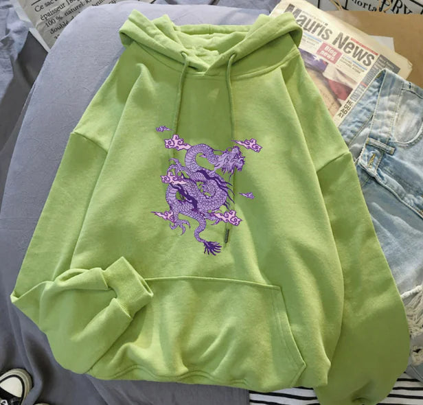 Candy Color Hooded Sweatshirt with Dragon Cloud Print