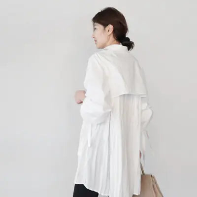 Pleated Back Collar Long Sleeve White Shirt