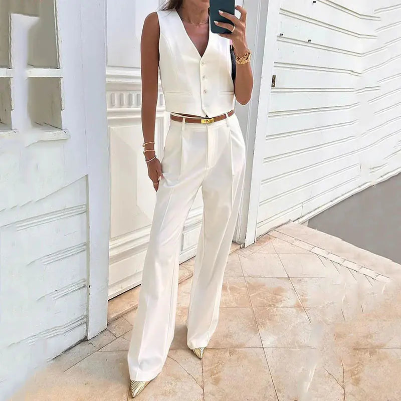 2023 Summer Women's Solid Color Button Vest Set