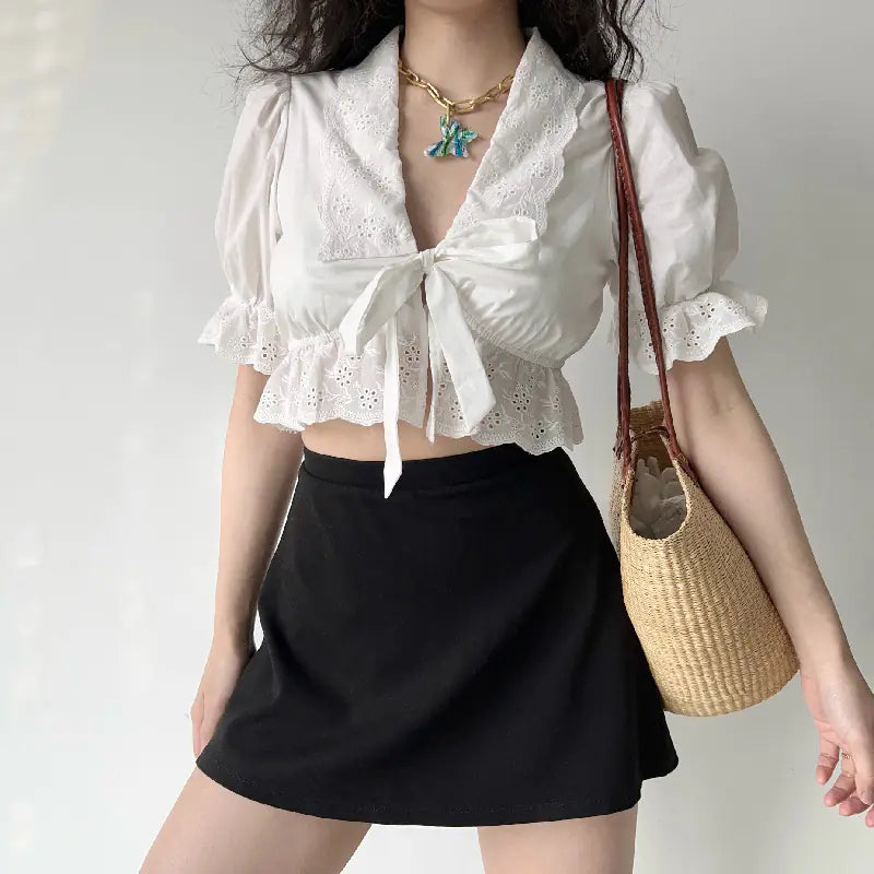 Deep V-Neck Lantern Sleeve White Blouse for Women