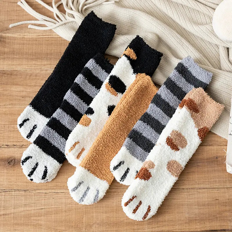 Autumn Winter Couple Cat Paw Plush Socks (Coral Fleece)