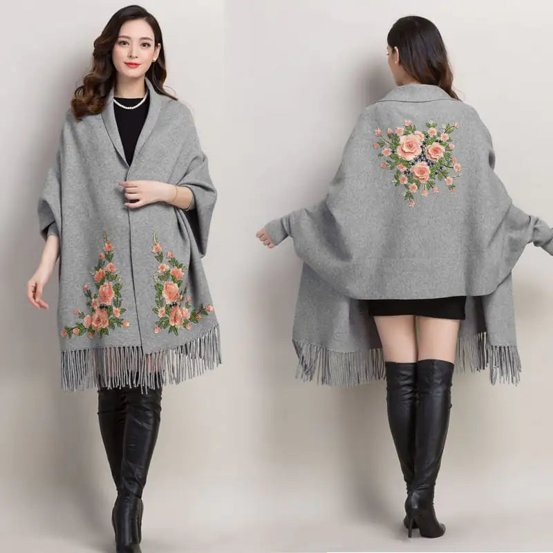 Embroidered Women's Shawl Cape Thick Sweater Coat
