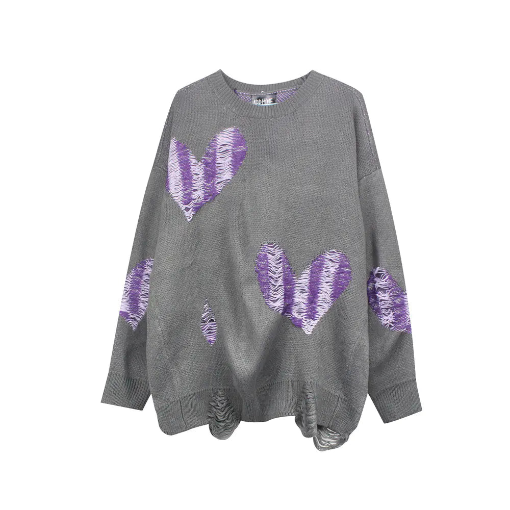 Contrast Color Heart Knit Men's Loose Crew Neck Sweater