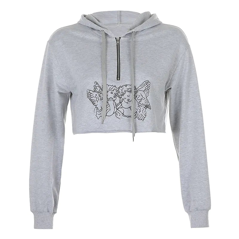 Angel Print Hoodie Polo Shirt for Women - Long Sleeve