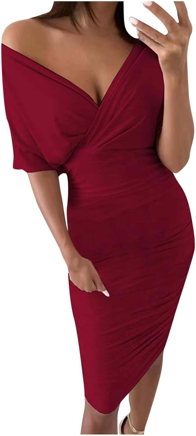 Summer Solid Color V-Neck Hip-Hugging Dress