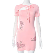 Summer Lace-up Short-sleeved Flower Dress with Rhinestones