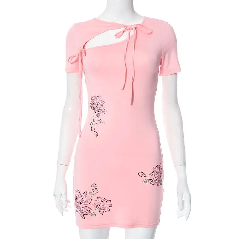 Summer Lace-up Short-sleeved Flower Dress with Rhinestones