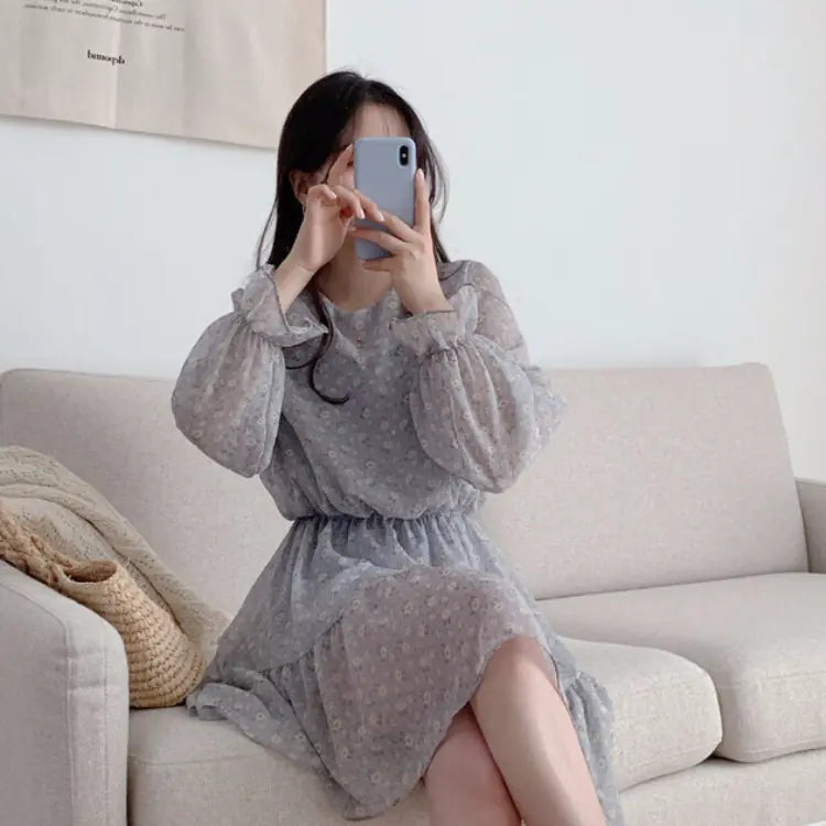 Long Sleeve Round Neck Ruffled Skirt with Elastic Waist