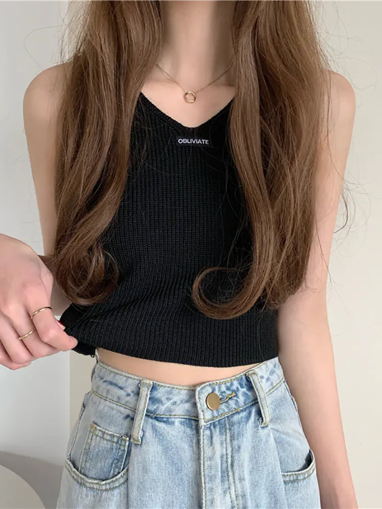 Elegant V-Neck Knitted Cotton Tank Top for Women