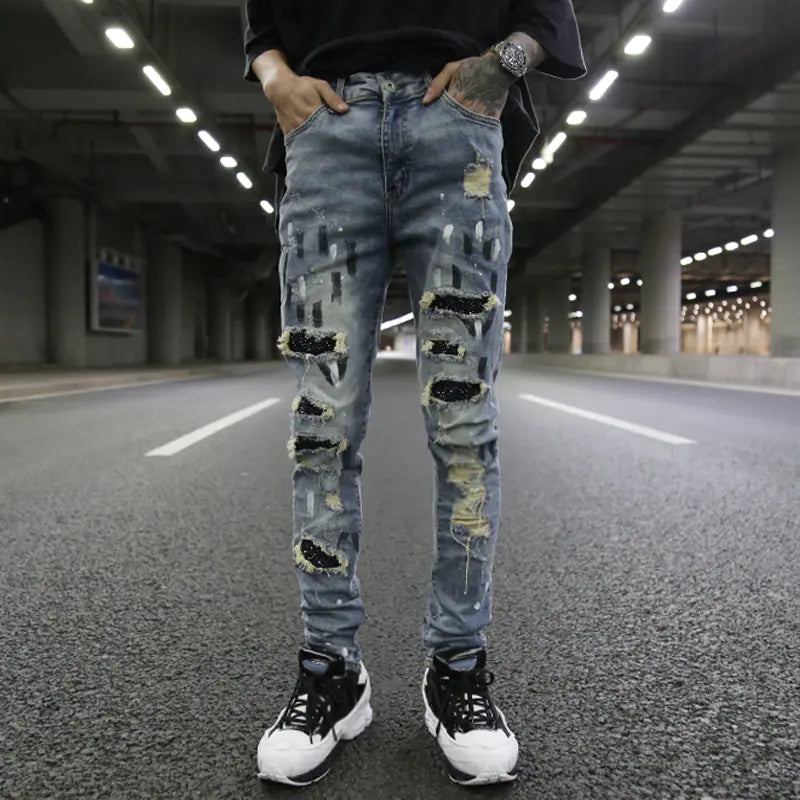 High Street Style Sequin Patch Slim Fit Jeans
