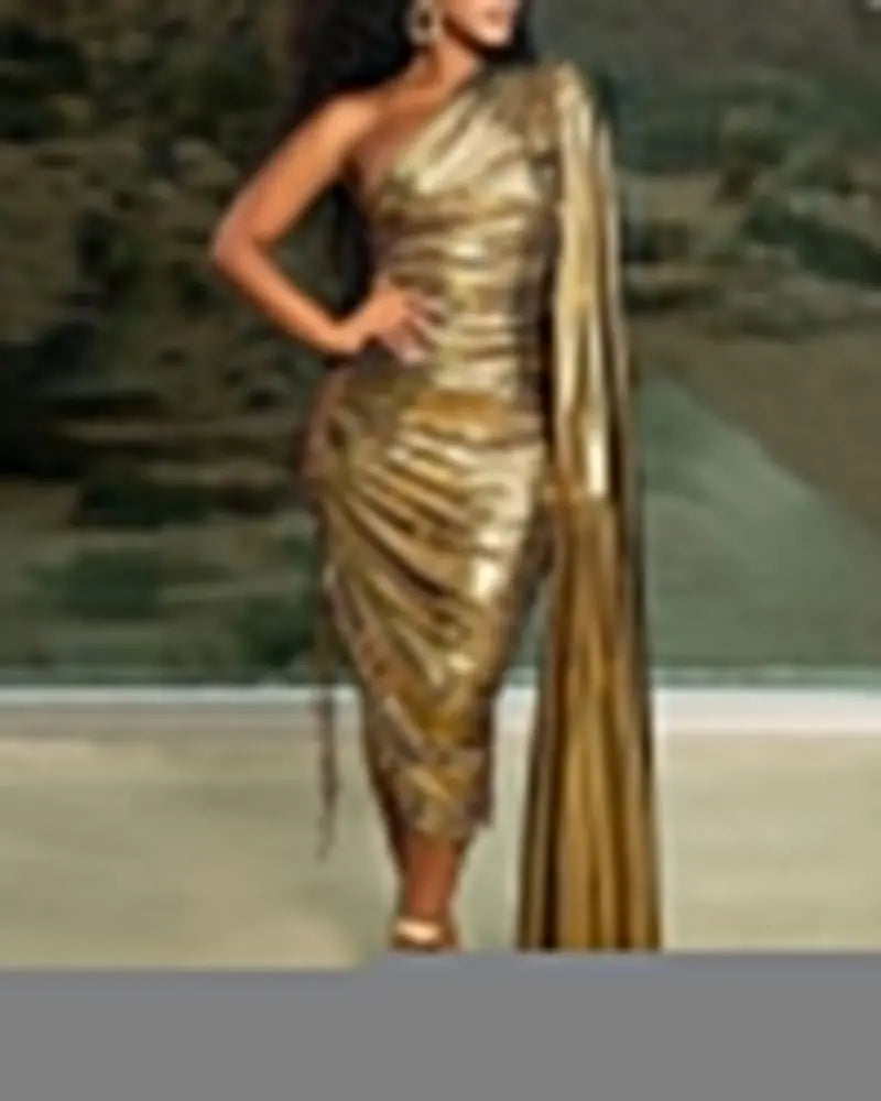 Golden Strap Shoulder Formal Dress - European & American Style