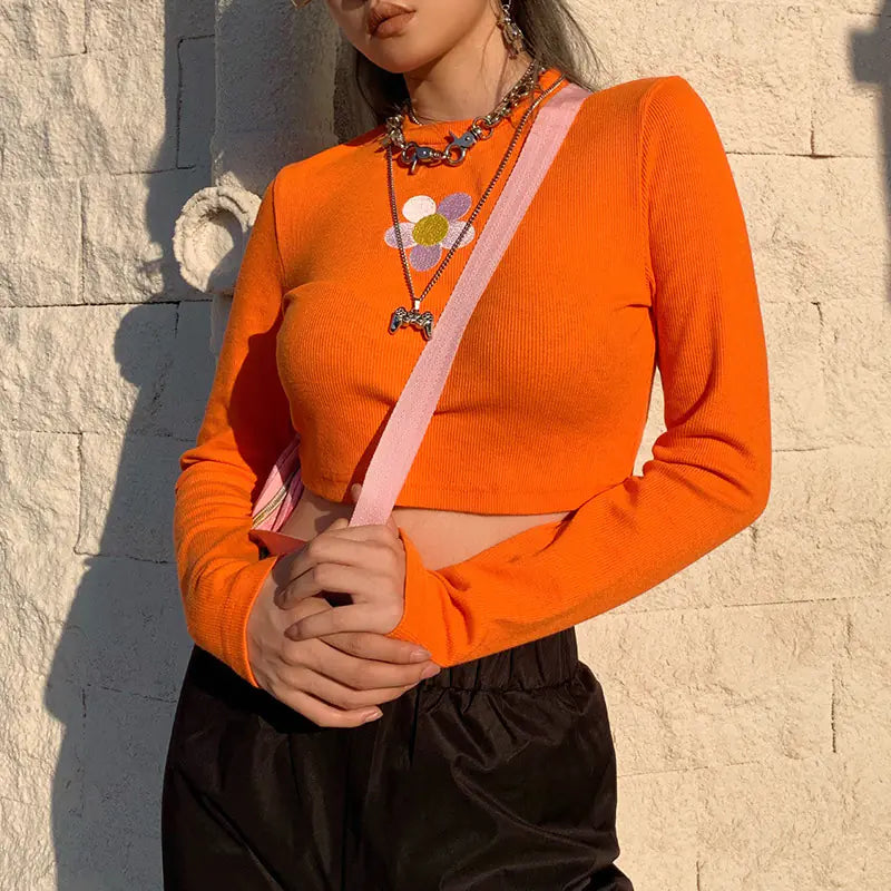 Petal Print Long Sleeve Crop Top
