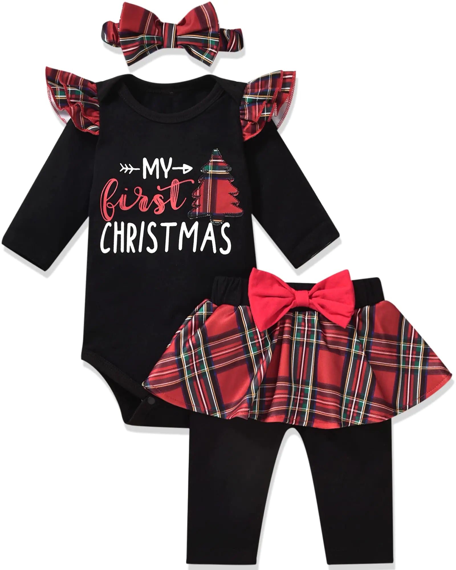 Aalizzwell Baby Girl 1st Christmas Outfits Infant Girls My First Christmas Buffalo Plaid Xmas Clothes 3-6 Months