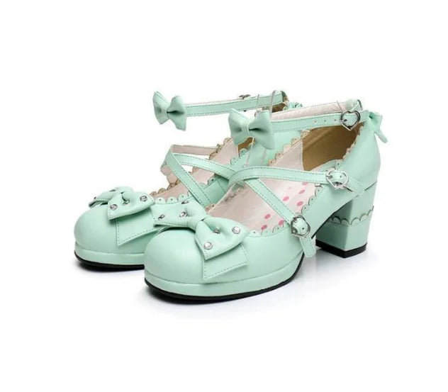 Cute Bowknot Cross Strap Chunky Heels for Students