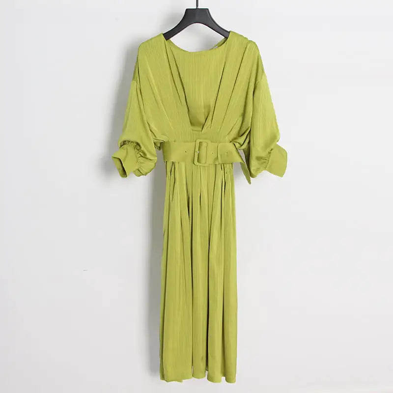 Solid Color Long Sleeve Belted Waist Dress