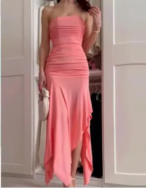 Pink Strapless Bodycon Dress for Women (One Piece)