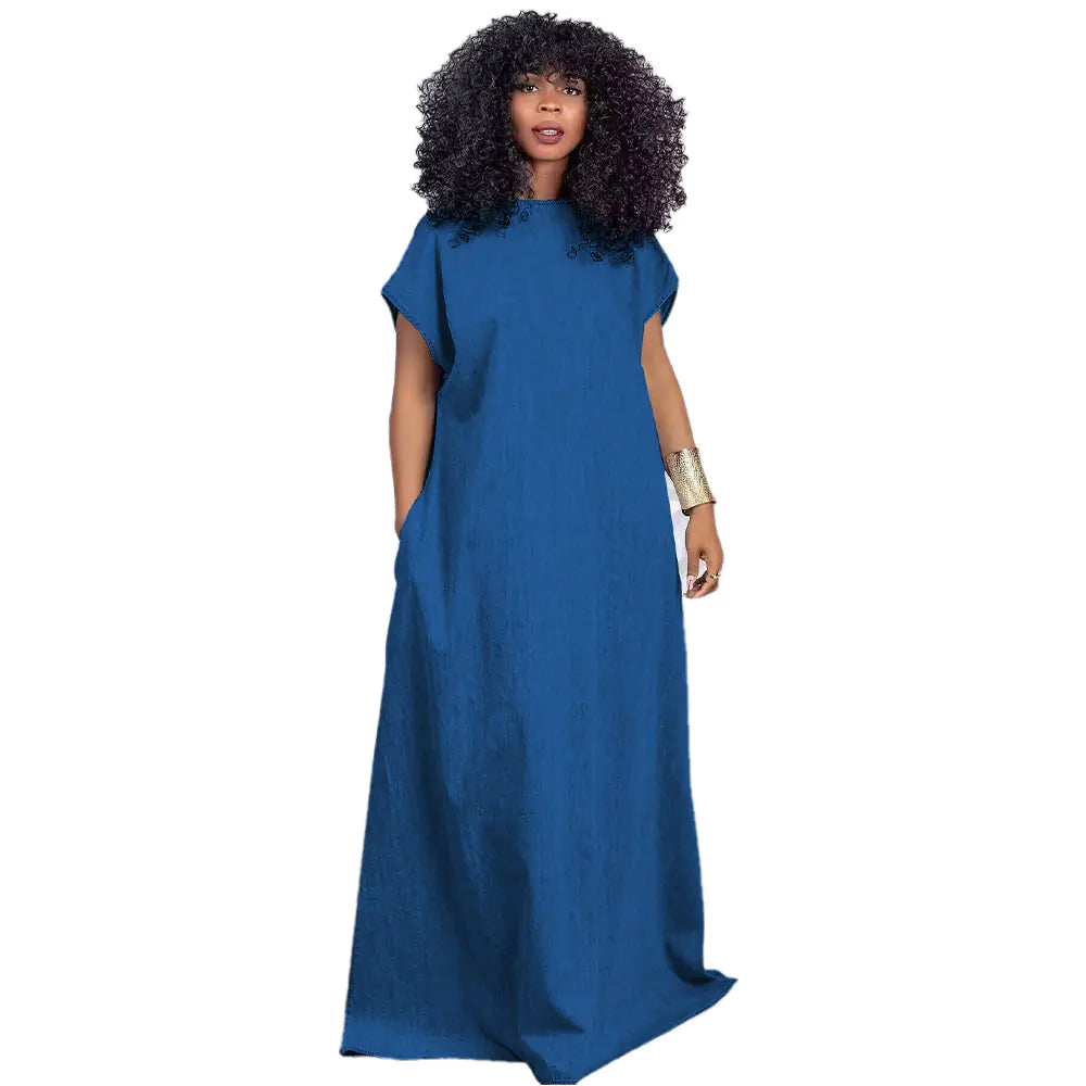 Retro Women's Backless Denim Dress with Deep V-neck