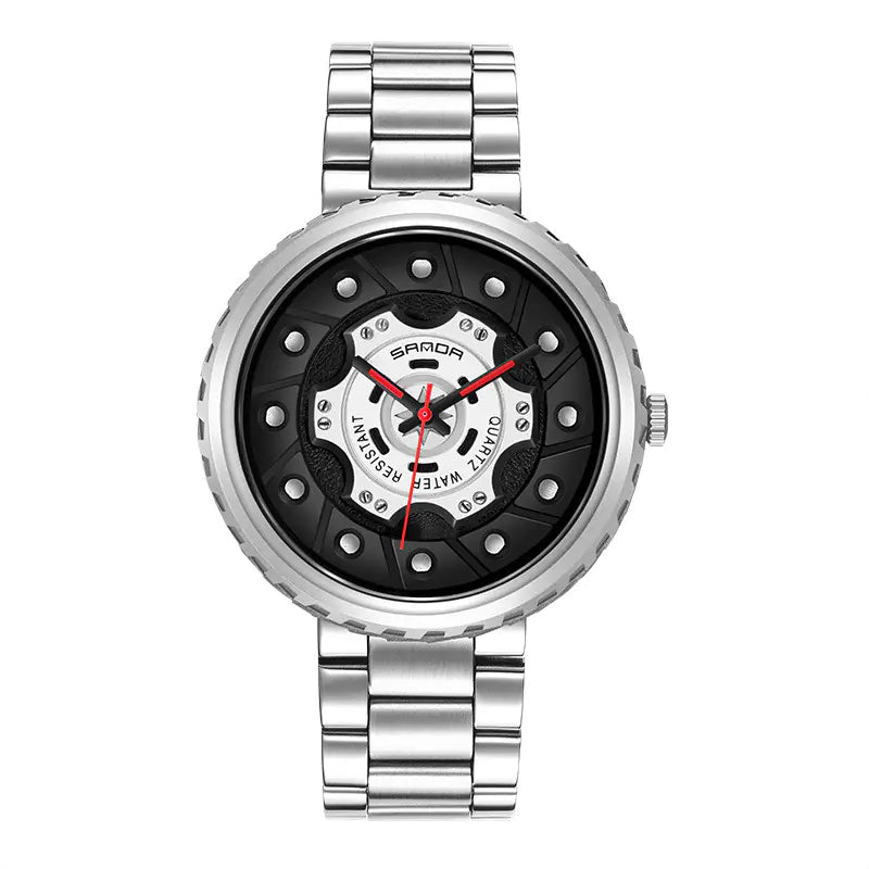 Men's Steel Band Quartz Watch with Hollow Dial Design