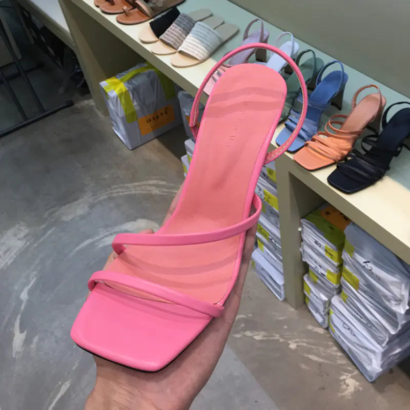 Candy Color High Heel Sandals with Square Toe Straps