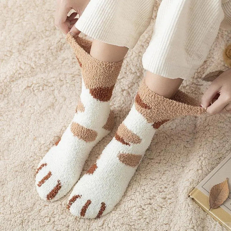 Autumn Winter Couple Cat Paw Plush Socks (Coral Fleece)